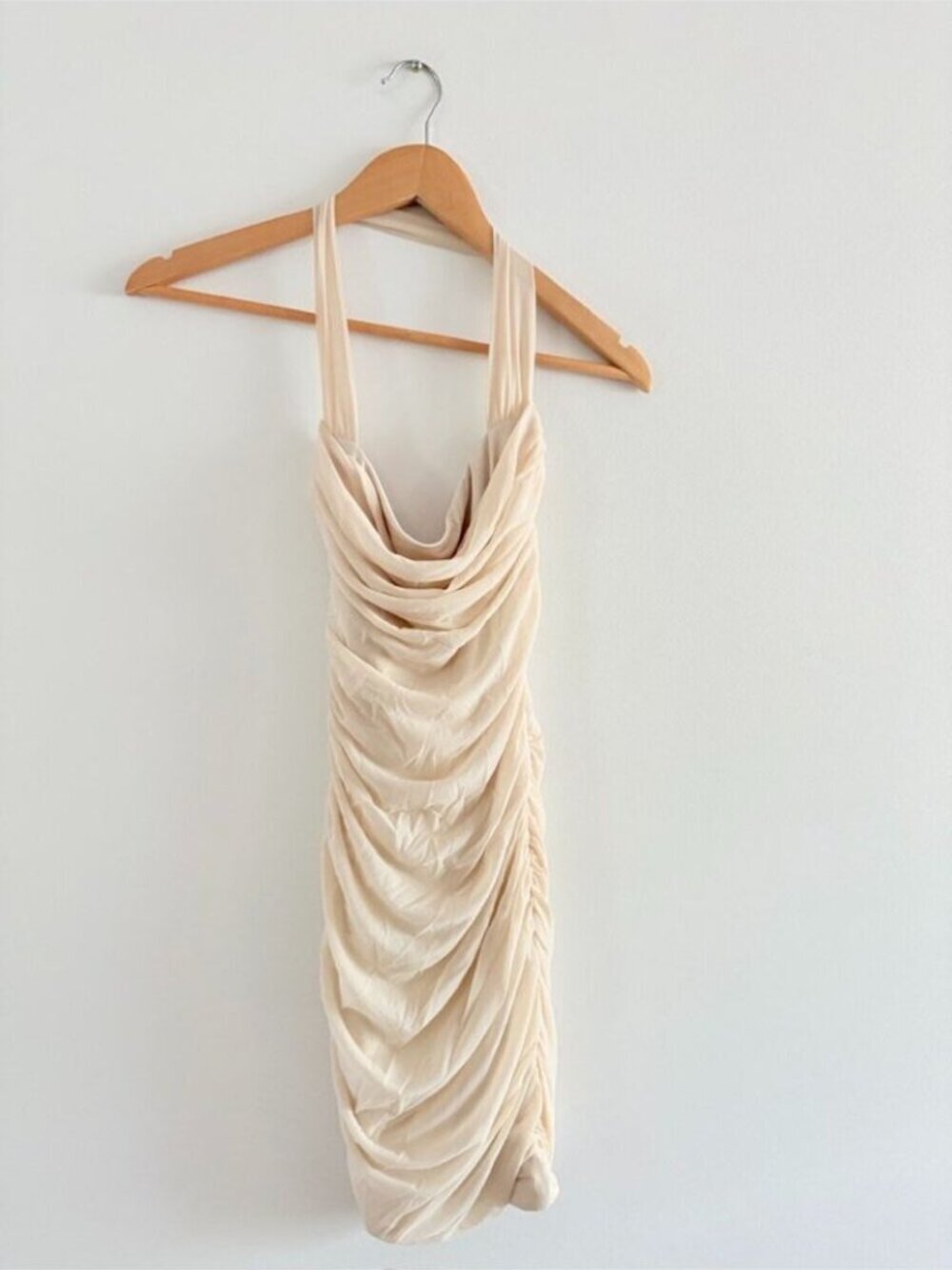 Oh Polly Mesh Not A Love Story Halter Ruched Mini Dress Cream Beige Size 4 - Picture 3 of 6